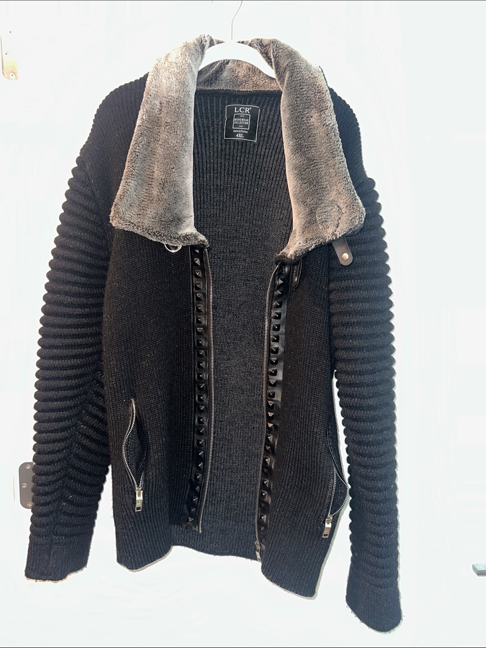 Black Knit Cardigan with Faux Fur Collar